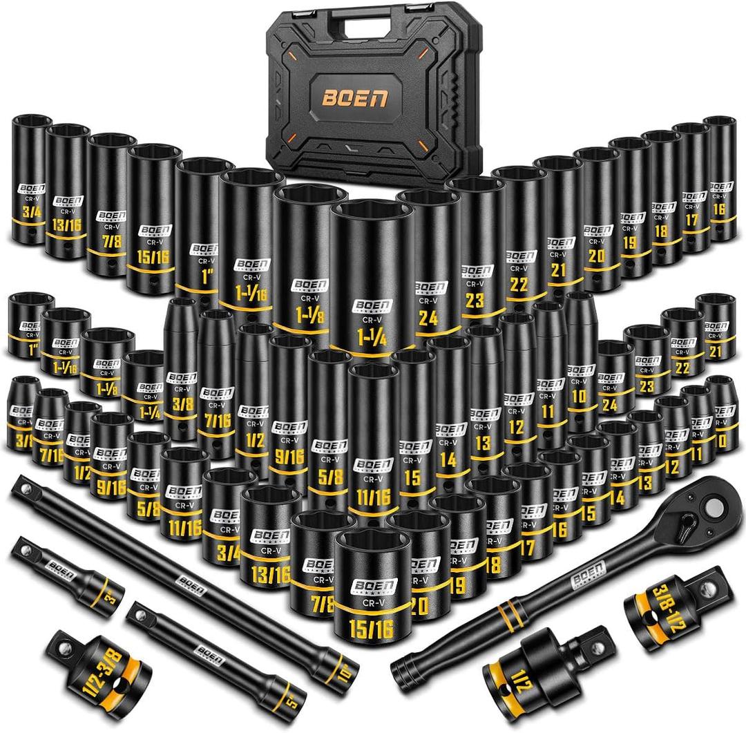 BOEN 1/2" Drive Impact Socket Set, 65-Piece Standard SAE (3/8" to 1-1/4") & Metric (10mm-24mm) Deep & Shallow Socket with Paint-Filled Markings, Includes Extensions, Ratchet, Adapter & Universal Joint