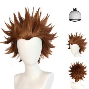 JoneTing Brown Spiky Wig+Hair Cap Short Brown Spiky Wig with Bangs Mens Short Browny Curly Wigs with Bangs for Cosplay Costume Outfit for Halloween Themed Party