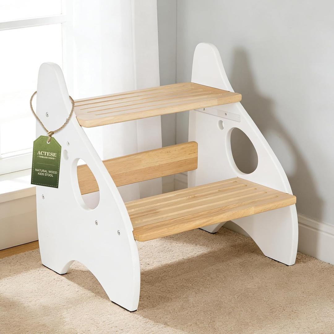 Toddler Step Stool, Adjustable Height 2 Step Stool for Kids with Handles & Non-Slip Pads, Rubberwood Kids Step Stool for Bathroom Sink, Kitchen & Bedroom, Supports Up to 350 lbs, for Adults & Kids (Natural-white)