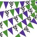 Gersoniel 5 Pcs Green and Purple Monster Truck Banner Decorations Green Purple Checkered Paper Pennant Garlands Monster Truck Hanging Triangle Flags for Car Theme Birthday Party Decor