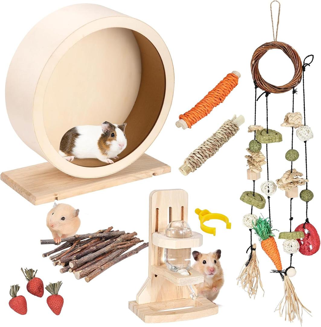 antiai 9.8 Inch Wooden Hamster Exercise Wheel Set,Silent Wheel Quiet Spinner Hamster Running Wheels,Hamster Water Feeder Accessories Chew Toys for Hamsters, Gerbils, Mice and Other Small Pets,9 pcs
