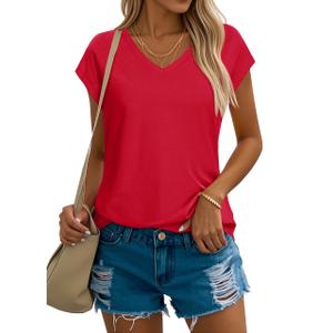 YUCOLEN Women's Cap Short Sleeve Tunic Tops V Neck Cotton T-Shirts UPF50+ Soft Breathable Summer Basic Tee, Red, XL (Red, XL)