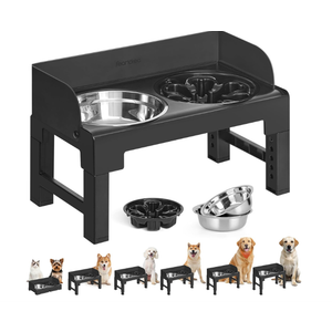Feandrea Dog Bowls Elevated, Raised Stand with 1 Slow Feeder and Two 304 Stainless Steel Bowls, Adjustable Height and Tilted Design, Ink Black 