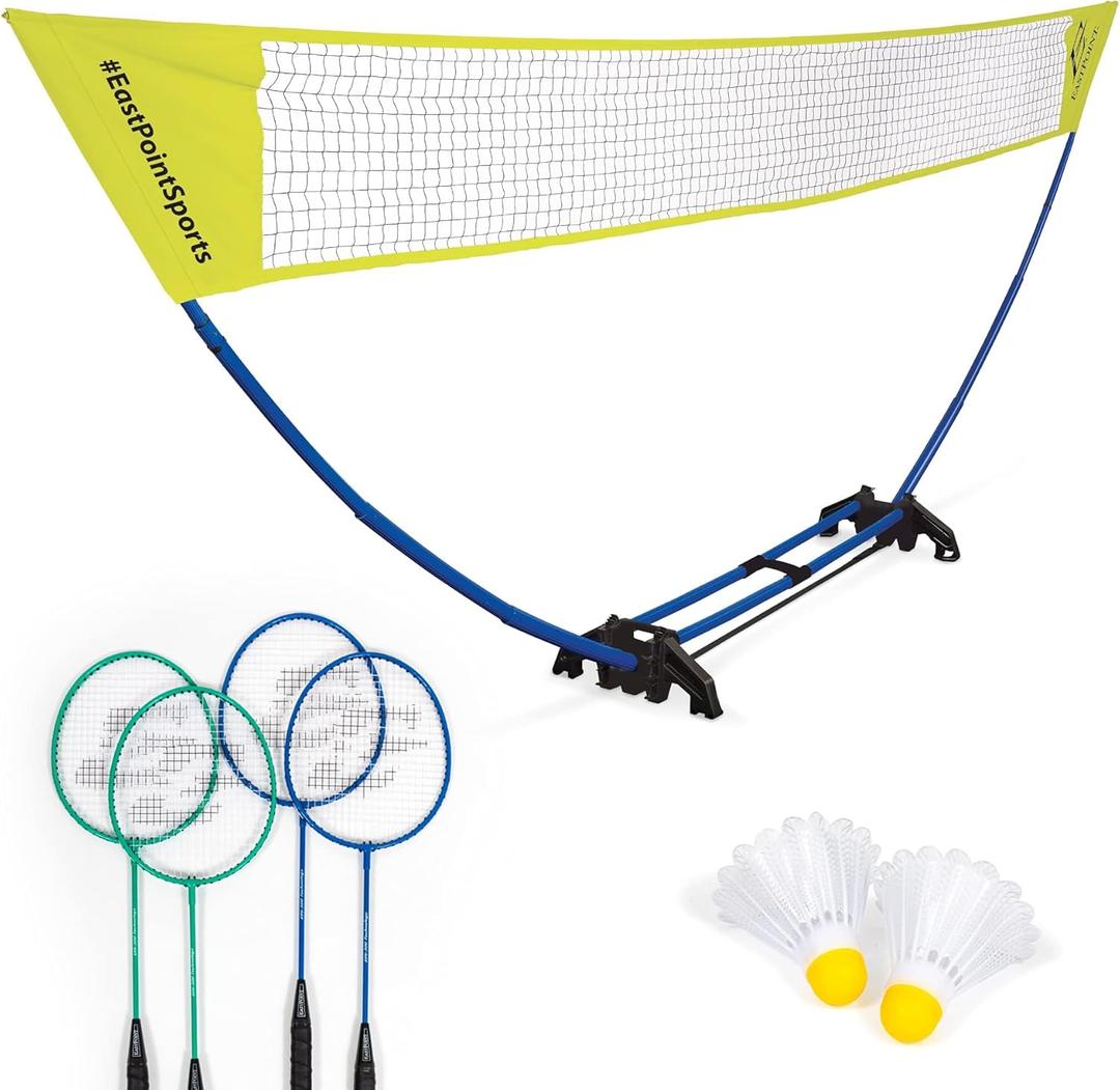 EastPoint Easy Setup Badminton Set - 5 ft Net, 4 Rackets, 2 Shuttlecocks - Quick Setup Net for Backyard Games - Steel Shaft Badminton Rackets for Family Games - Durable Shuttlecocks for Outdoor Sports (Yellow/Blue (Standard Set))