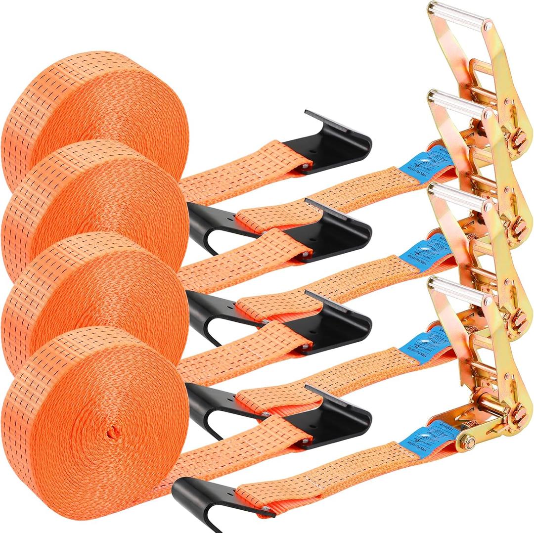 TLGREEN 4 Pack 2 in x 27 FT Flat Hook Ratchet Straps (11,000 lbs Break Strength), Heavy Duty Tie Down Straps for Trucks (Orange)