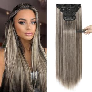 REECHO 28" Straight Long 4 PCS Set Thick Clip in on Hair Extensions - Ash Brown with Platinum Blonde Highlights