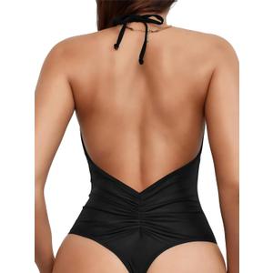 Sexybody Women' s One Piece Sexy Swimsuits Halter Tie Back V Neck Low Back Bathing Suit Ruched Butt High Cut Swimsuit Thong (Medium, 146 Black)