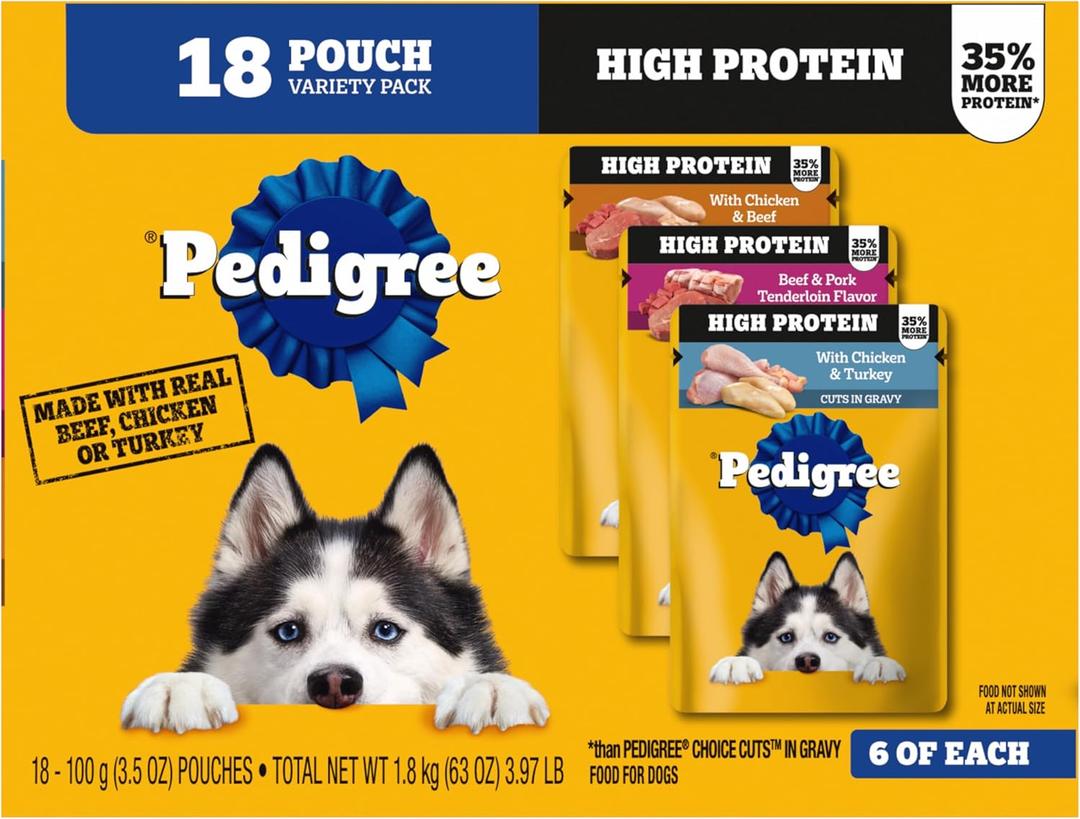 Pedigree High Protein Wet Dog Food Pouches, Variety Pack, 3.5 oz, 18 Count | 35% more protein than Choice Cuts In Gravy, real beef, chicken or turkey, 100% complete & balanced, mix with kibble or alone (EXP 09/01/26)