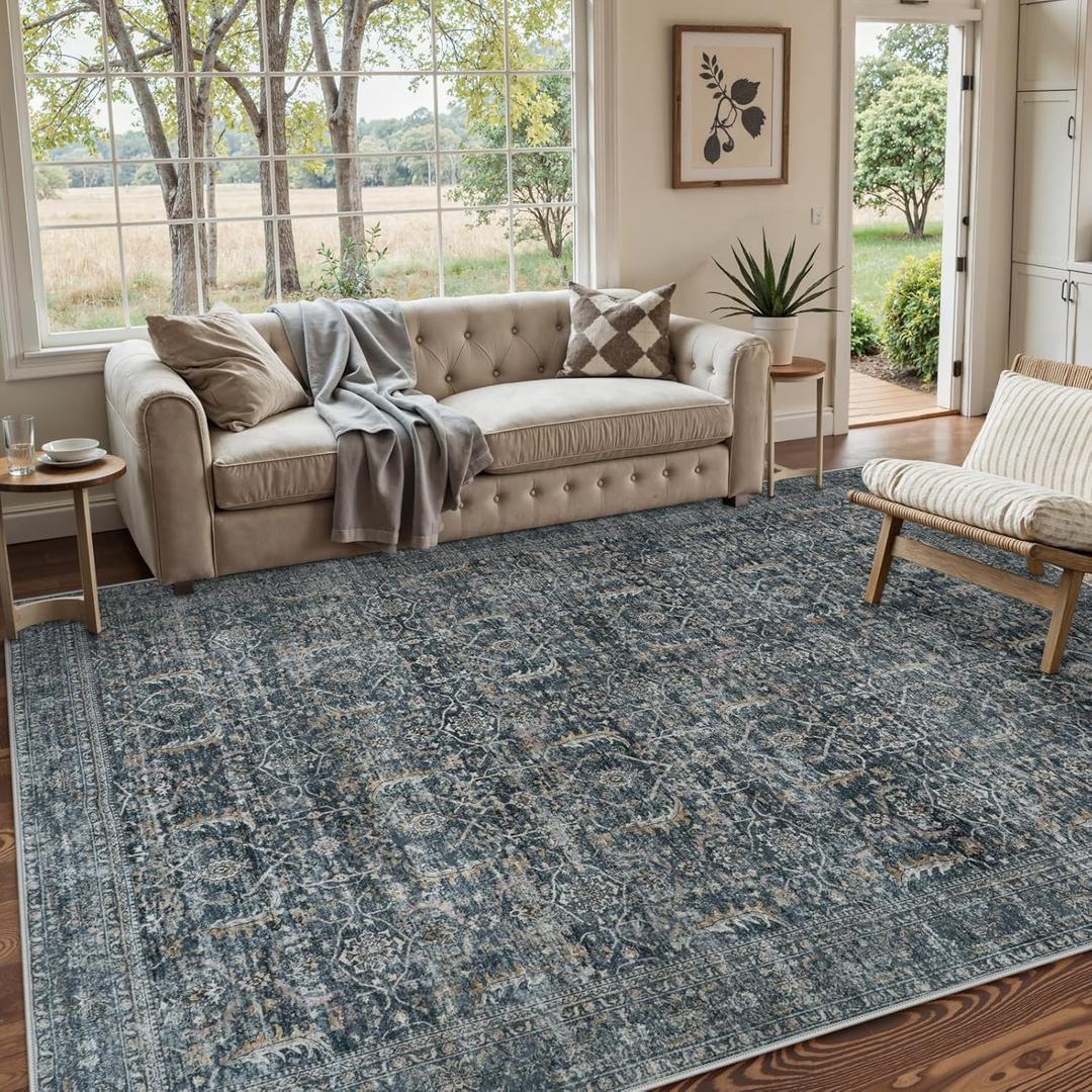 Collive Large Area Rug for Living Room 9x12, Washable Area Rug 9x12 Non Slip Vintage Distressed Bedroom Carpet Ultra-Thin Low Pile Aesthetic Print Floor Rug for Dining Guest Office - Blue/Grey
