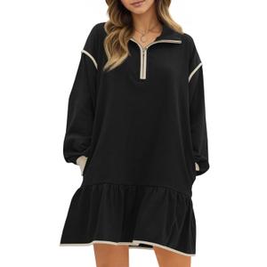 Wenrine Womens 2025 Fall Oversized Sweatshirt Dress Casual Long Sleeve Quarter Zip Ruffle Hem Pullover Mini Dresses (Medium, Black)