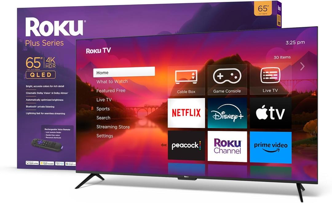 Roku Smart TV  65-Inch Plus Series 4K QLED RokuTV with Roku Voice Remote Pro, Dolby Vision, Striking 4K Resolution, Automatic Brightness, & Seamless Streaming  Live Local News & Sports