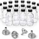 18 Pack, 2 oz Small Clear Glass Bottles w/ Lid & 4 Stainless Steel Funnels - 60ml Boston Sample Bottles - Mini Travel Essential or Decorative Bottles for Potion, Juice, Wellness, Ginger Shots, Whiskey