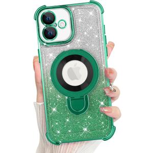 KANGHAR for iPhone 16 Plus Case, Support for MagSafe [Four Corner Cushion Series] Kickstand Electroplate Edge Shockproof Durable Full Body Protection for Girls Women -Green