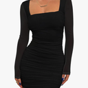 BORIFLORS Women's Sexy Ruched Bodycon Mini Dress Mesh Long Sleeve Club Party Short Dresses XS