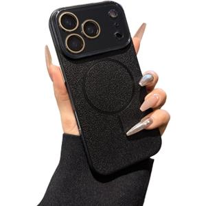 Camera Protection Solid Color Leather Pattern Magnetic Phone Case for iPhone, Compatible with MagSafe (Black,iPhone 17 Pro Max)