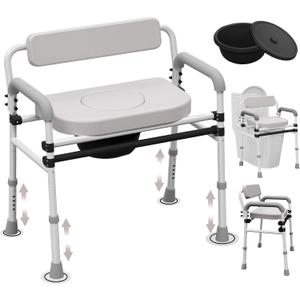 Adjustable Medical Bedside Toilet Chair, with Padded Backrest, Height Adjustable, Foldable Armrests, Gray