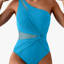Aidonger One Shoulder One Piece Swimsuit for Women Mesh Tummy Control Bathing Suit Twist Swimwear Grey Blue XL