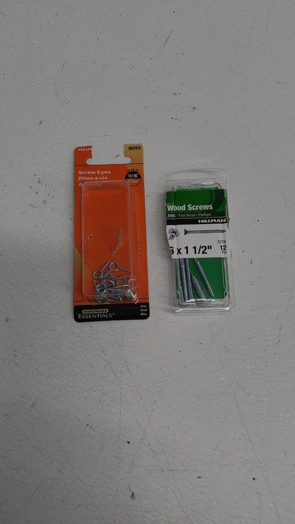 Pack of 2: 1) Hillman 852412 .063 x 11/16 in. Zinc-Plated Small Eye Screw Eye 14-Pack; 2) Zinc-Plated Wood Screws 6 x 1 1/2 12 Pcs