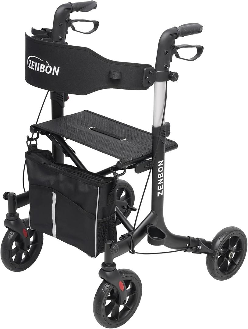 Rollator Walker for Seniors/Adults Foldable Rolling Walker with Seat 330 lbs Capacity 4 Big 8 inch Wheels Hand Grips Adjustable Height Lightweight Aluminum Walker Removable Back Support 7209(Black)