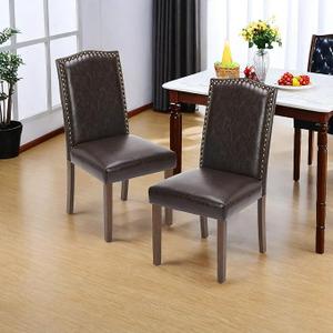 Sweetcrispy Dining Chairs Set of 4, Upholstered Leather Kitchen Room Chairs Mid Century Modern High-End Dining Room Side Chairs with Nailhead Trim and Wood Legs for Bedroom, Living Room, Brown