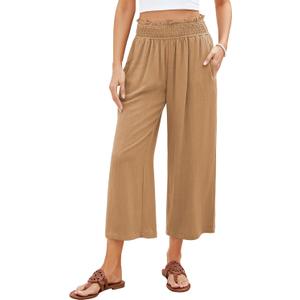 GRAPENT Capri Pants for Women High Waisted Wide Leg Linen Palazzo Trousers Pull On Elastic Smock Waist Loose Flowy Pants (X-Large, Dark Khaki)