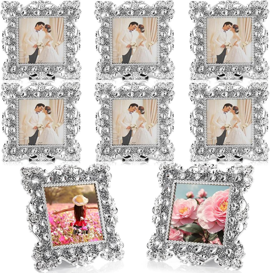 Yookeer 3 Pack 4 x 4 Inch Crystal Picture Frame Wedding Photo Frame Jewel Picture with Rhinestones Photo Gift for Wedding Table Top Desktop Display (Silver)