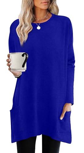 XIEERDUO Blue Tops for Women Business Casual Shirts High Low Hem Long Sleeve Tops Loose Fit Tunic Tops with Pockets 3XL