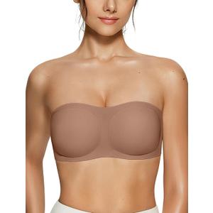 Vertvie Women's Wireless Strapless Bra Seamless Padded Bandeau Bra Non-Slip Silicone Tube Top Push Up Convertible Bralette (Coffee), L