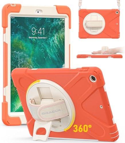 BRAECN Case for iPad 6th/5th Generation 9.7 inch 2018/2017, Protective Heavy Duty Shockproof Cover for Kids/Adults, 360° Rotating Hand Strap/Stand & Detachable Shoulder Strap, Coral Orange