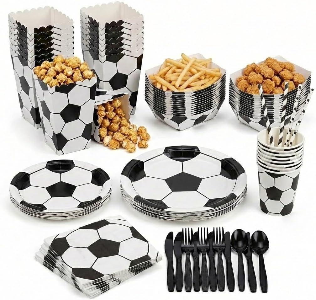 Soccer Party Supplies for 10 114 Pcs Set with Dinner & Dessert Plates, Cups, Napkins, Cutlery, Straws, Popcorn Boxes & Snack Trays | Disposable Sports Birthday Party Tableware