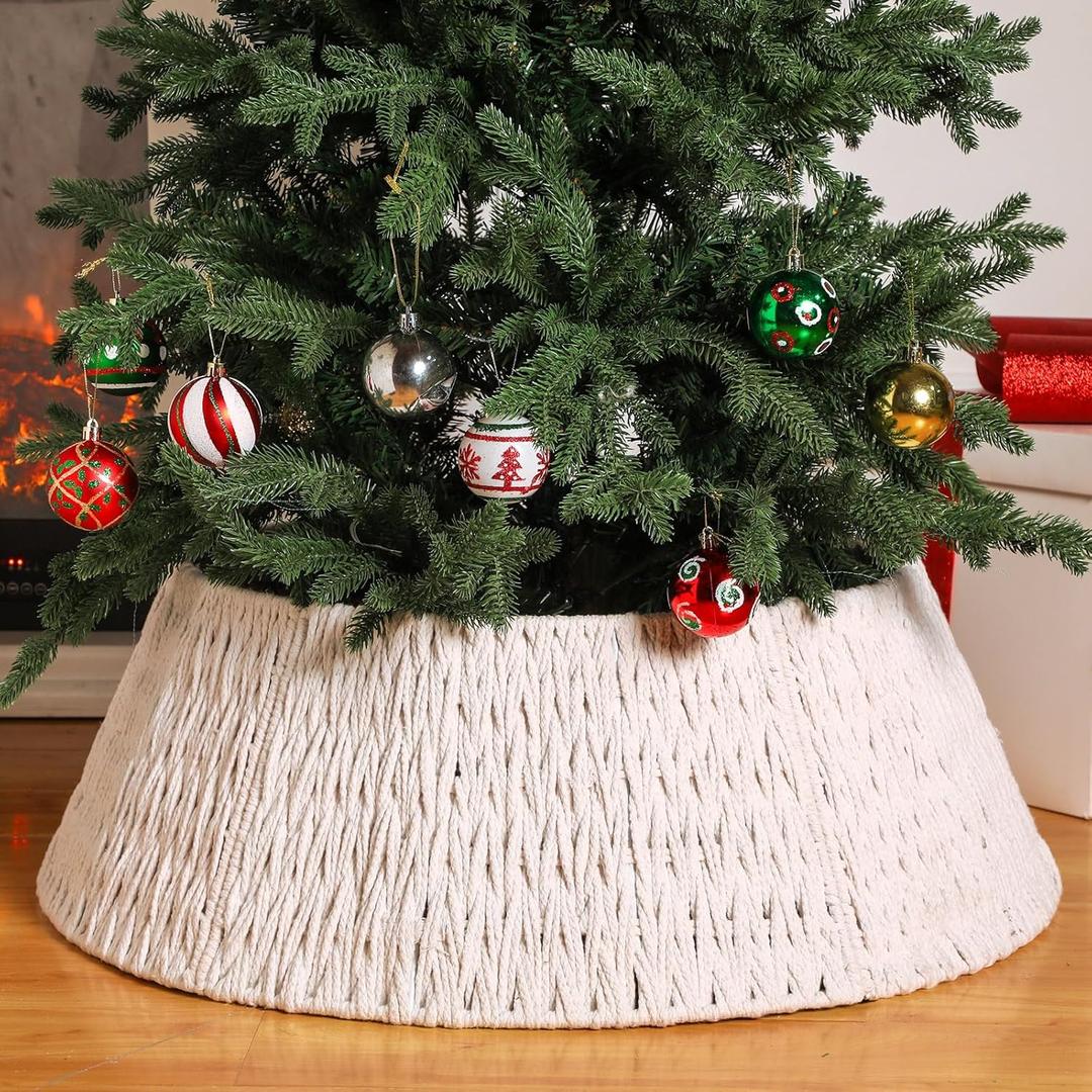 Preboun 28" Boho Christmas Tree Collar Farmhouse White Woven Christmas Tree Skirts Bottom Diameter Base Cover Rustic Xmas Collar for Xmas Decoration