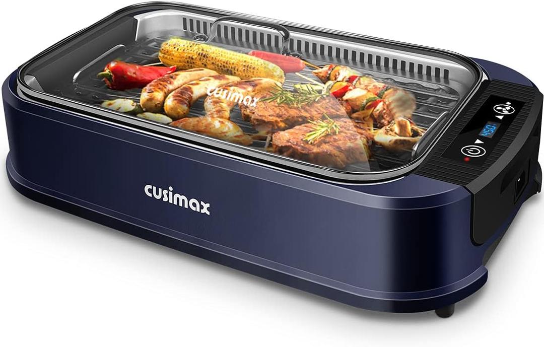 Indoor Grill CUSIMAX Electric Smokeless Grill Portable Korean BBQ Grill with Turbo Smoke Extractor Technology, Non-stick Removable Plate, Tempered Glass Lid, Great for Party(Single Plate) (Blue)