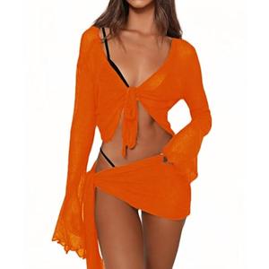 Women's 2 Pieces Outfits Mesh Perspective Suit Swimming Beach Long Sleeve Crop Top and Mini Skirt Set Orange Small