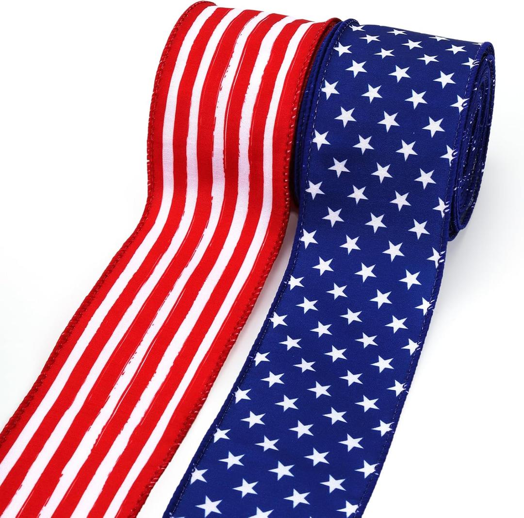 LaRibbons Patriotic Ribbon Wired 2 Rolls 2.5 Inch x 12 Yards TTL, 250th Anniversary, 4th of July American Flag Ribbon for Independence Memorial Day Gift Wrapping DIY Crafts