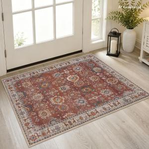 Lansny Vintage Small Area Rug 2x3, Washable Entryway Rug Print Faux Wool Floral Indoor Door Mat, Non Slip Kitchen Rugs, Soft Thin Throw Rugs Floor Carpet for Front Door Entry Bedroom Sink, Terracotta