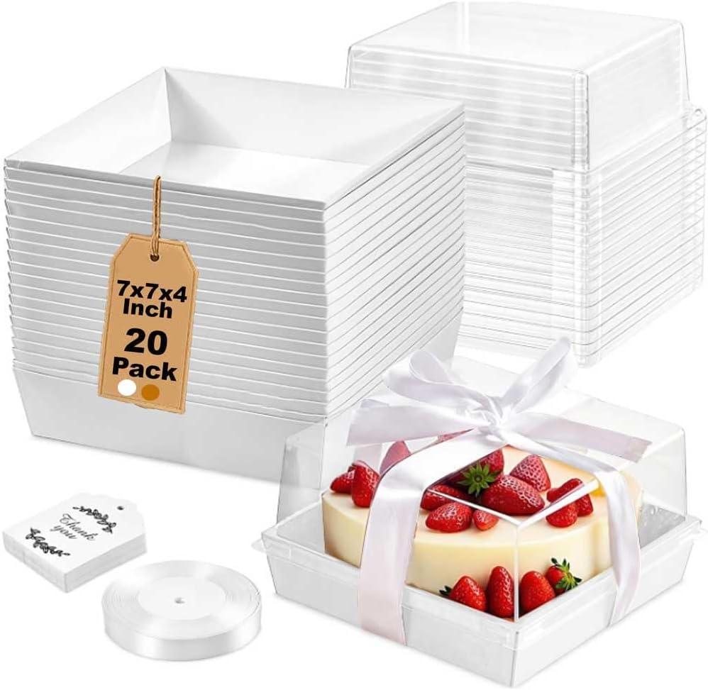 20 Pack 7x7x4 Cake Boxes with Clear Lids for 4-6 Inch Cakes, Treats or Desserts  Paper Bento Cake Boxes, Disposable Bundt Containers  Bakery Take Out Containers  To Go Square Packaging, White