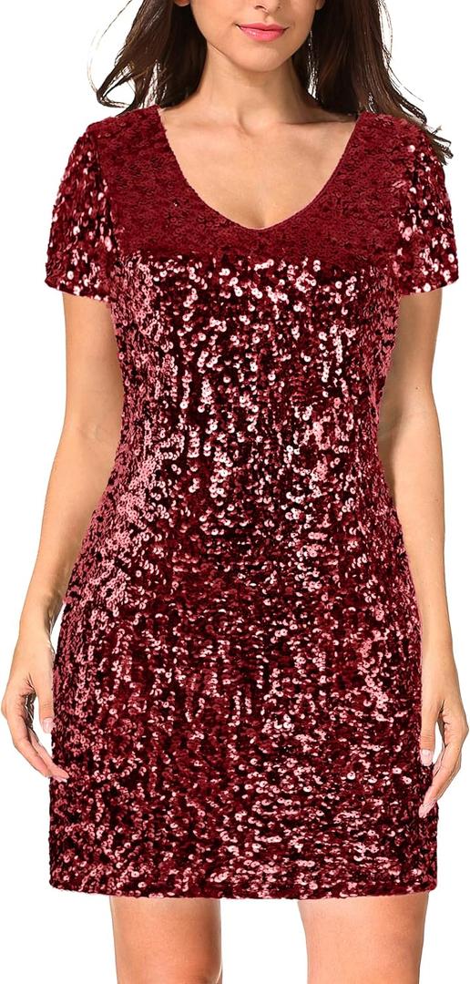 MANER Women's Sequin Glitter Short Sleeve Dress Sexy V Neck Mini Party Club Bodycon Dresses (Red)