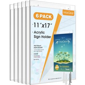 MaxGear Wall Mount Sign Holder 11 x 17 Inch, Clear Plastic Picture Frames with Mounting Screws, Door Sign Holders and Document Display Frame for Home, Office, Store, Vertical, 6 Pack