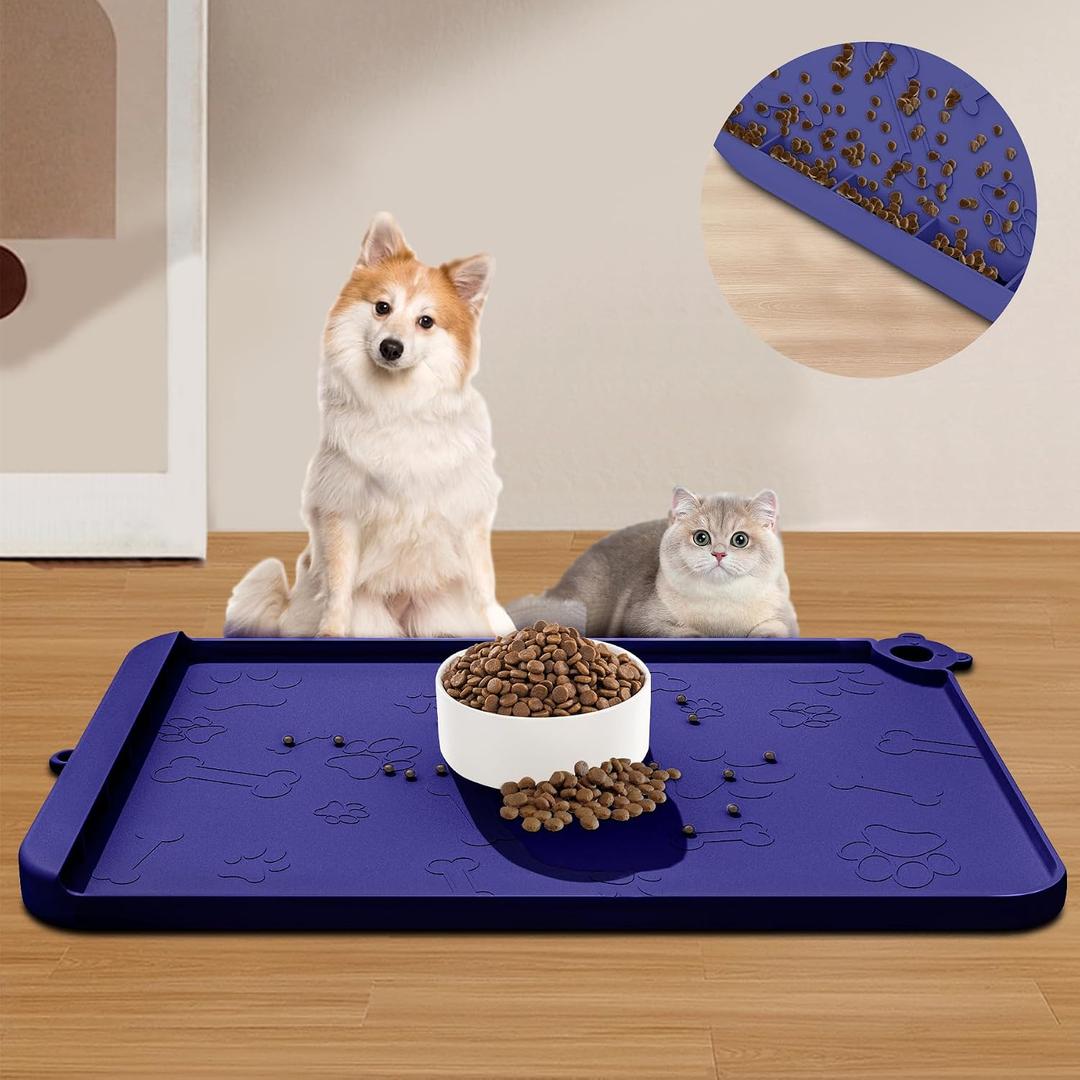 Dog Food Mat, Silicone Dog Mat for Food and Water -Pet Feeding Mats with Residue Collection Pocket, Waterproof Dog Cat Bowl Mats with Raised Edges and Hooks, Placemats for Cats and Dogs Water Bowl