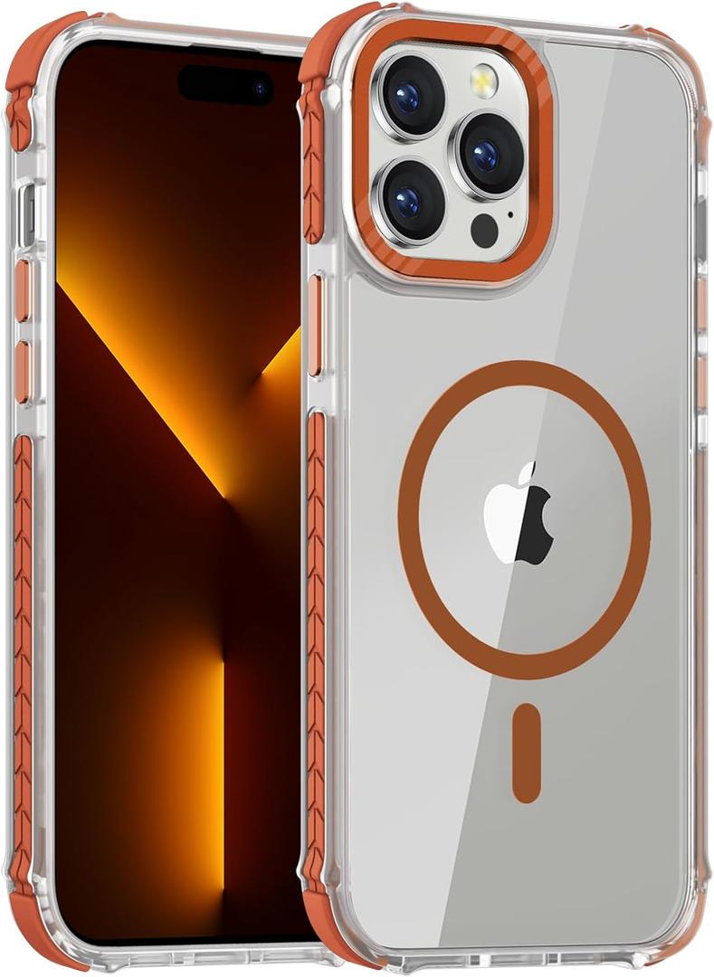 DEERLAMN Strong Magnetic Case for iPhone 15 Pro Max 6.7-Inch,[Compatible with Magsafe][Military Grade Drop Protection] Clear Slim Shockproof Protective Phone Cover-Transparent+Orange