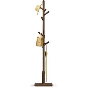 Solid Wood Square Base Coat Rack, Free Standing Hall Coat Tree with 8 Hooks+2 spare) for Coats, Hats, Bags, Purses, for Entryway, Hallway, Rubberwood Hooks,Base and Pole,(Square Base, Dark Walnut)