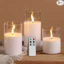 Eywamage Clear Glass Flameless Candles with Remote Timer, Flickering Battery LED Pillar Candles Set of 3