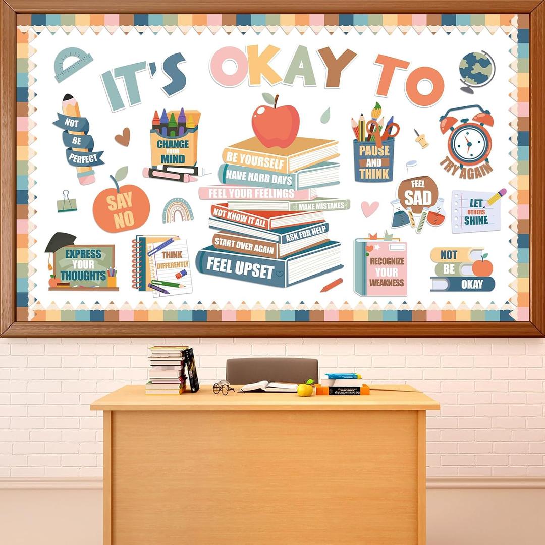 2 x Boho It's Okay to Bulletin Board Set Inspirational Mental Health Classroom Decor Affirmation Station Bulletin Board Back to School Positive Book Paper Cutouts for Office Chalkboard Wall Decor