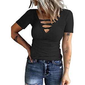 HERILIOS Women Casual Short Sleeve Tunic Tops V-Neck T Shirts Criss Cross Ribbed Slim Fitted Blouse, Size XL HERILIOS Women Casual Short Sleeve Tunic Tops V-Neck T Shirts Criss Cross Ribbed Slim Fitted Blouse, Size XL