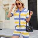 Womens Sweater Knit Pajama Sets Short Sleeve Top and Shorts Matching Lounge Set Loungewear (L)