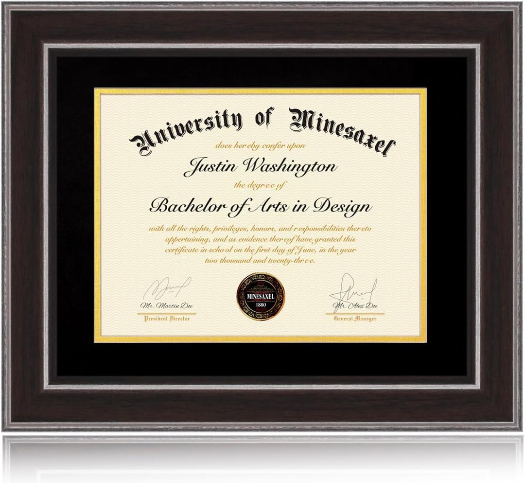11x14 Diploma Frames 8.5x11 with Black Mat, Fits Degree Certificate Document, 14 x 11 Walnut Color Frame with Plexiglass Panel for Wall Mounting or Tabletop Display