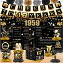 67th Birthday Decorations for Women Men, 18PCS Black Gold Back in 1959 Banner Decorations, Bday Backdrop, 67 Year Old Banner for Mother Dad, Birthday Card, 6 Paper Poms 9 Honeycomb Balls