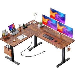 Huuger L Shaped Standing Desk with Power Outlets, 63 x 55 Inch Height Adjustable Computer Desk for Bedroom, Corner Stand up Desk for Home and Office, Work and Study, Rustic Brown