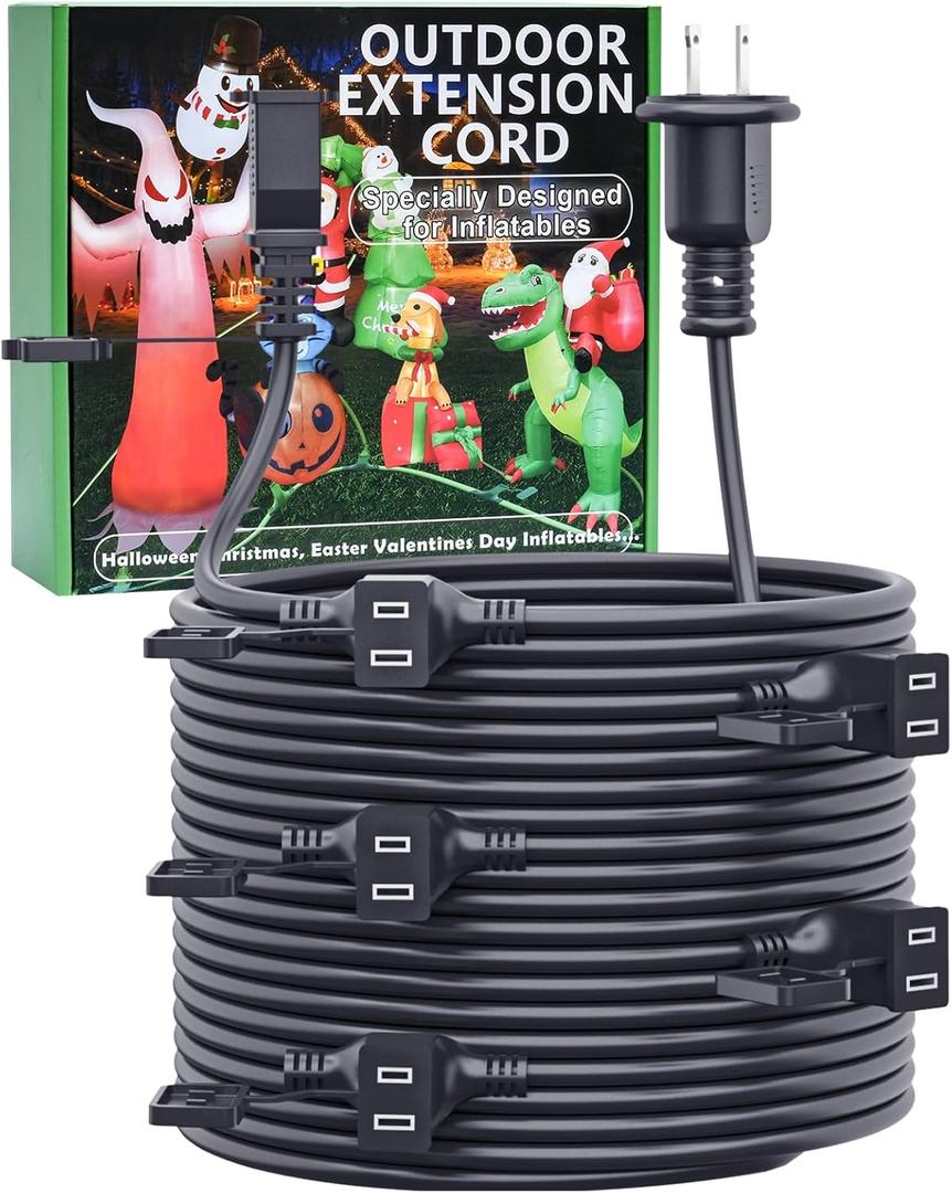 50FT Outdoor Extension Extension Cord for Halloween Christmas Inflatables with Multiple Outlets Black Electrical Cord with Multiple Plugs Outdoor Christmas Blow Up Decorations Light Extension Cords
