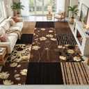 Floral Rugs for Living Room, 8x10 Washable Area Rug for Dining Room Farmhouse Office Bedroom Decor, Geometric Patchwork Stain Resistant Low Pile Indoor Floor Throw Rugs, Dark Brown
